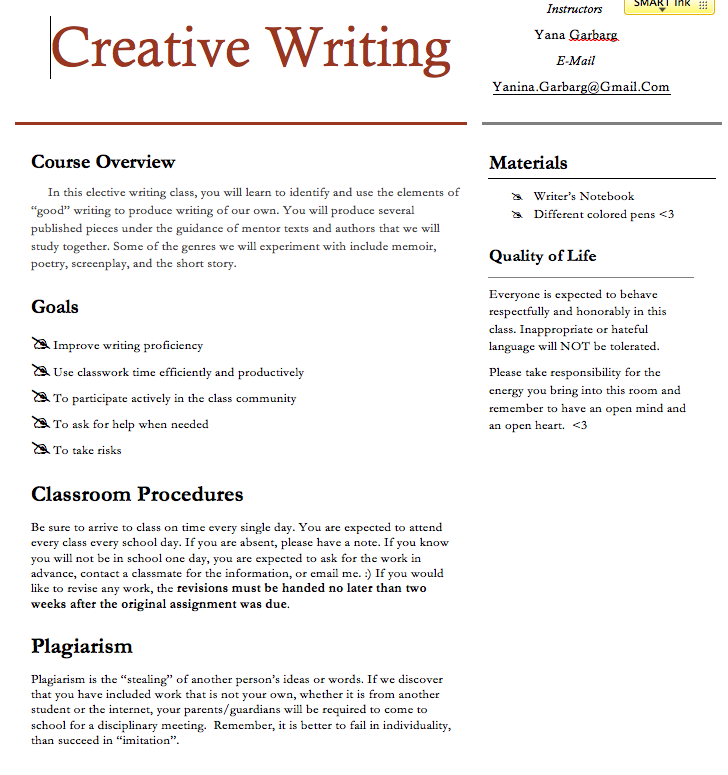 Creative writing course syllabus